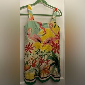 ANTONIO MELANI Tropical Flamingo Print Mini Dress in Pink, Yellow, Green